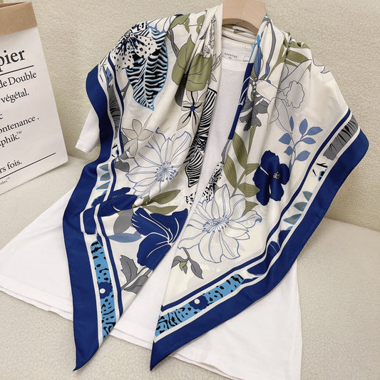 وشاح حريري مطبوع عليه زهور من قماش التويل بطول 110 سم